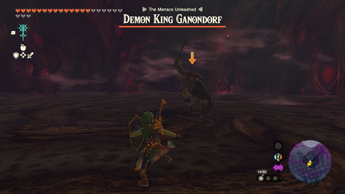 Ganondorf lunges at Link in the final boss battle of Zelda Tears of the Kingdom.