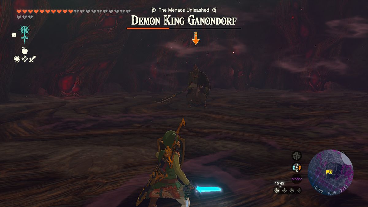 Link stands off against Ganondorf in the final boss fight of Zelda Tears of the Kingdom.