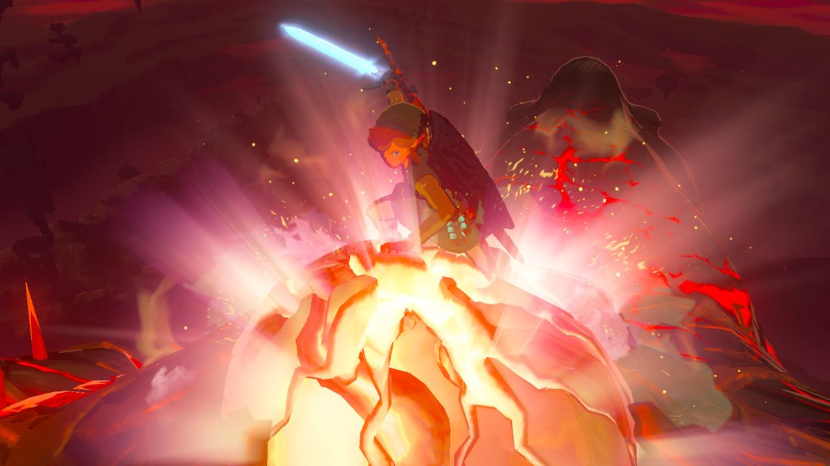 Link shatters a giant glowing orb on the demon dragon in the final boss fight in Zelda Tears of the Kingdom.