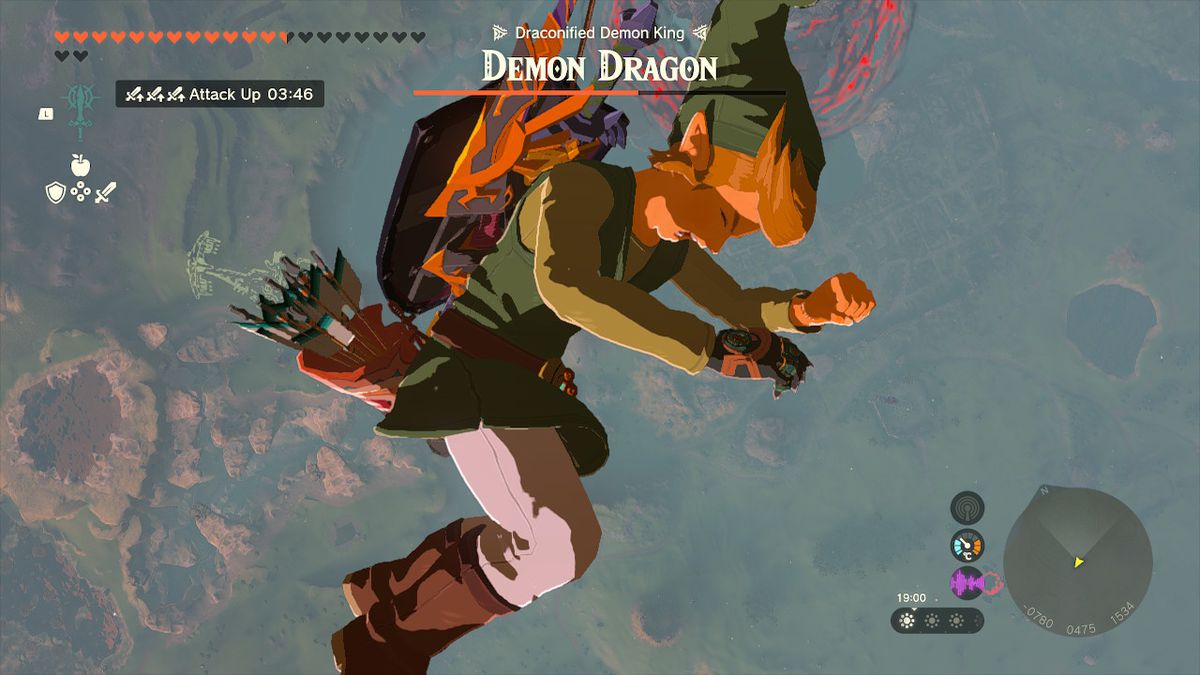 Link falls off the demon dragon with a pained expression during the final boss fight of Zelda Tears of the Kingdom.