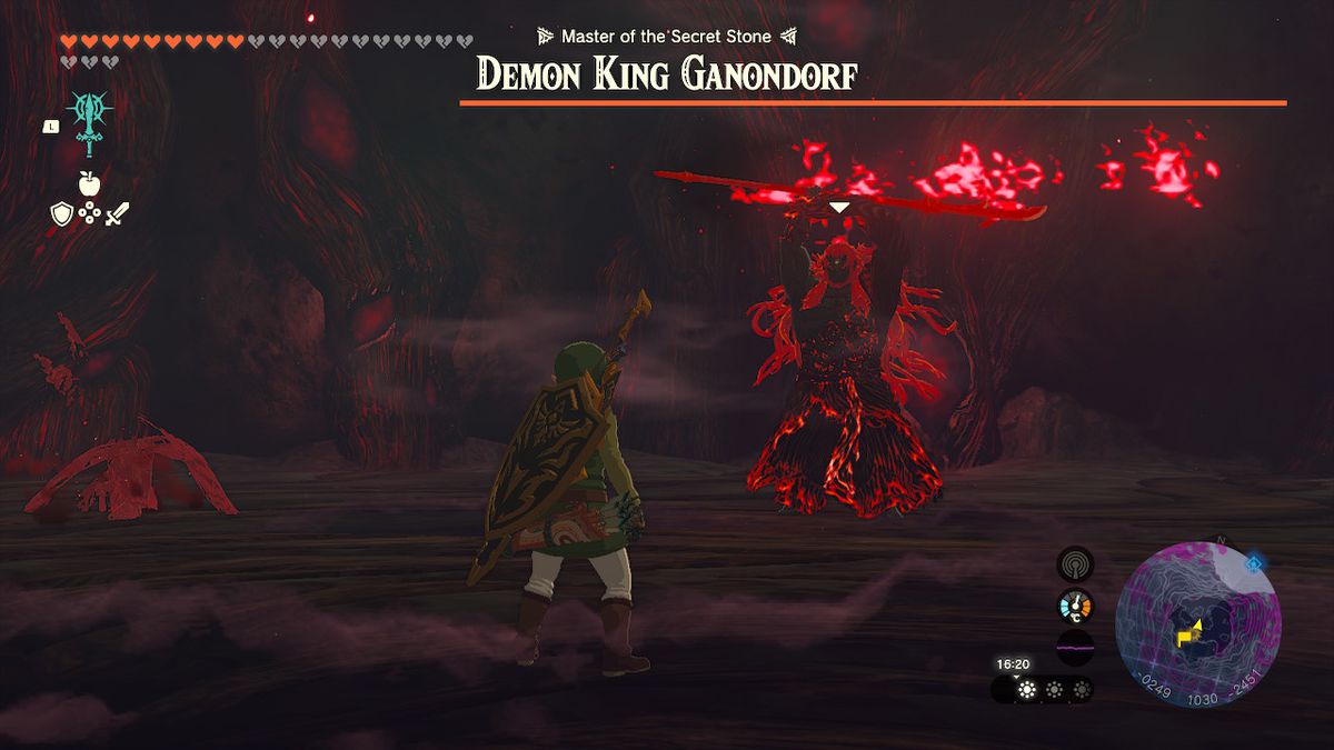 Ganondorf stands beneath a comically large health bar that extends off the screen in a boss fight of Zelda Tears of the Kingdom.