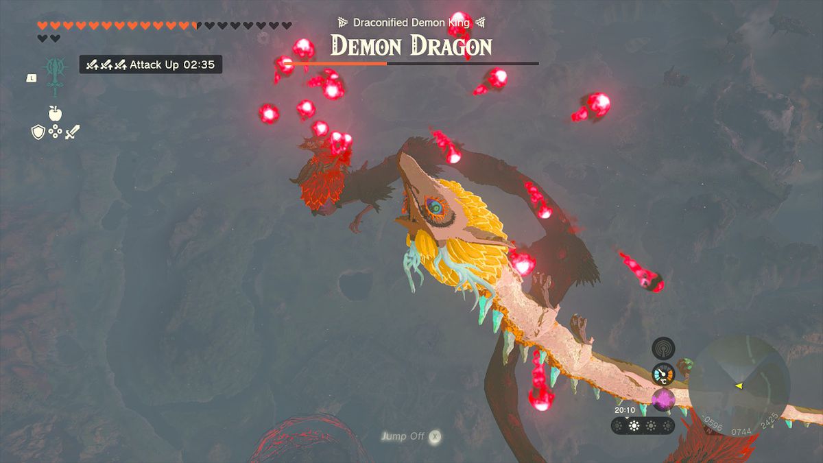 The demon dragon fires a bunch of orbs at Link during the final boss fight of Zelda Tears of the Kingdom.