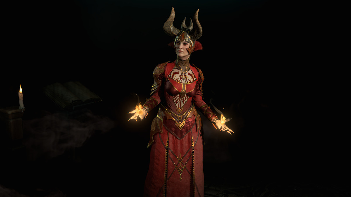 Trollkarl som står i mörkret med eld som lyser upp hennes händer i Diablo 4