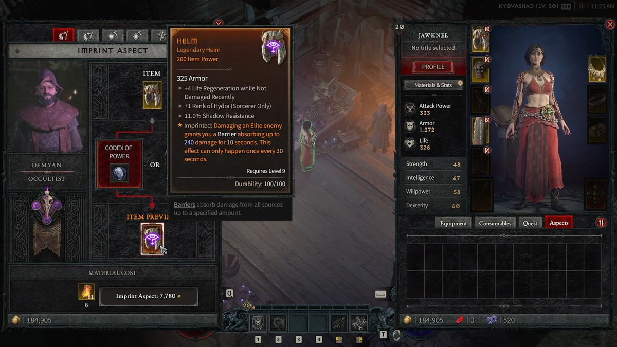 Imprinting Aspects on gear i Diablo 4 / IV.  Svävade över ett legendariskt rodret på ena sidan av skärmen och en trollkarl på andra sidan av skärmen.