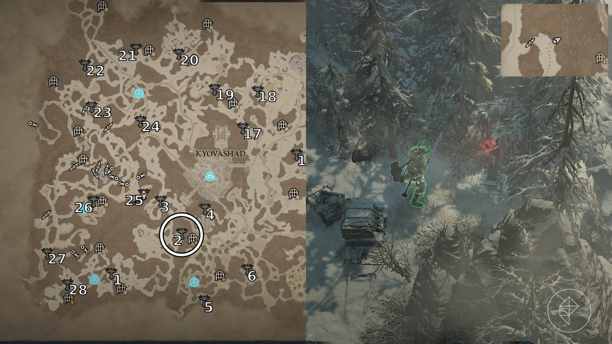 Altar of Lilith 2 found in the Eastern Pass area of Diablo 4 / Diablo IV depicted by an annotated map and an in game screenshot