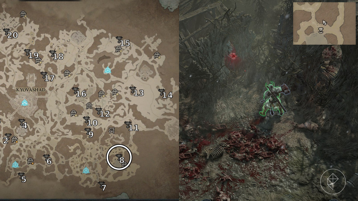 Altar of Lilith 8 found in the Tsepilova Pond area of the Gale Valley zone in Diablo 4 / IV depicted by an annotated map and an in game screenshot