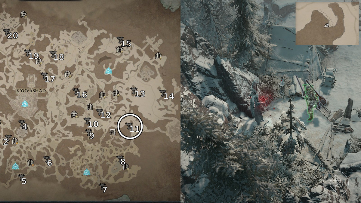 Altar of Lilith 11 found in the Shivering Wilds area of the Frigid Expanse in Diablo 4 / IV depicted by an annotated map and an in game screenshot.