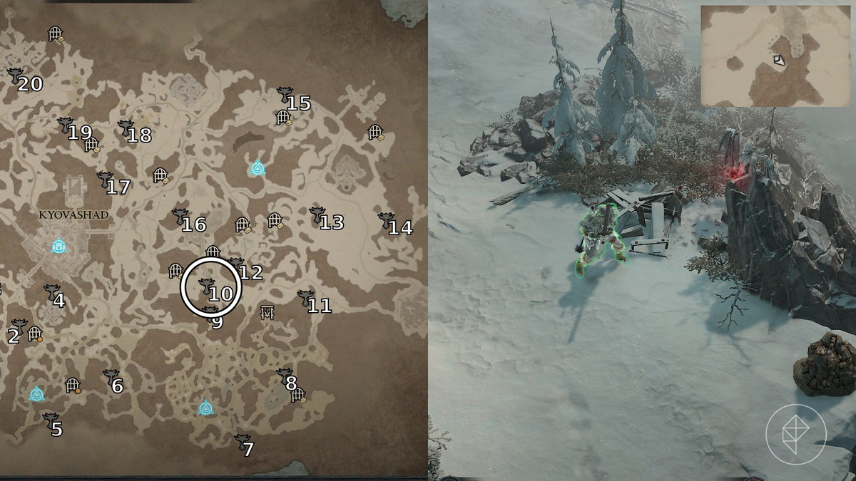 Altar of Lilith 10 found in the Shivering Wilds area of the Frigid Expanse in Diablo 4 / IV depicted by an annotated map and an in game screenshot