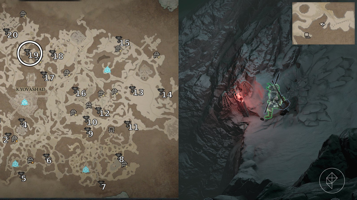 Altar of Lilith 19 found in the Crags of Ill Wind in Sarkova Pass of Diablo 4 / IV depicted by an annotated map and an in game screenshot.
