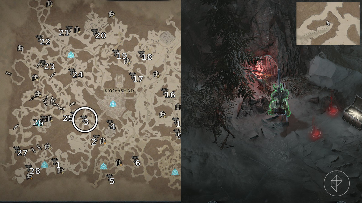 Altar of Lilith 3 found in Father’s Cross in Diablo 4 / Diablo IV depicted by an annotated map and an ingame screenshot