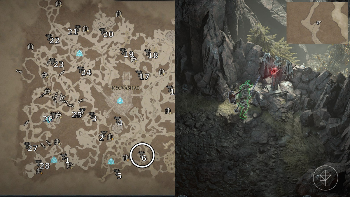 Altar of Lilith 6 found in the Western Tunnels area of Diablo 4 / IV depicted by an annotated map and an in game screen shot of a warrior in side a cave system