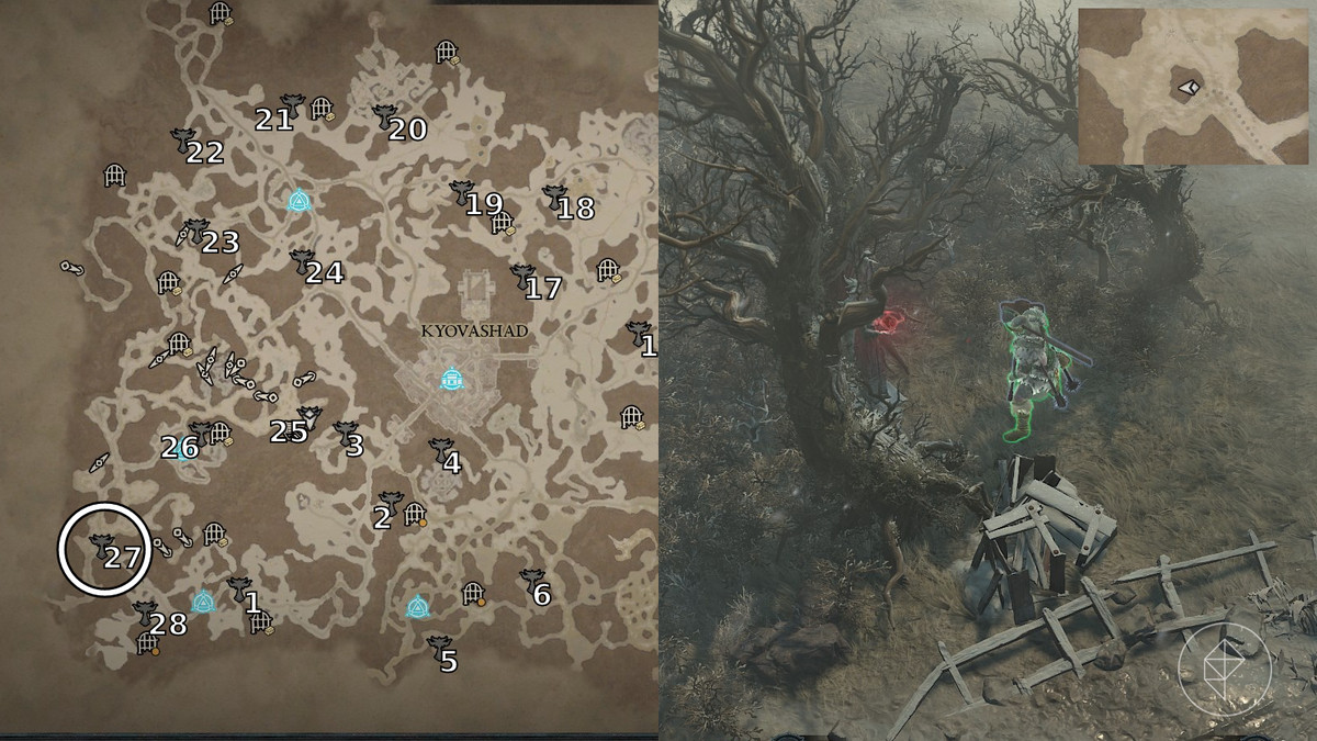 Altar of Lilith 27 found in the Brinewood area of Diablo IV / Diablo 4 depicted by an annotated map and an in game screenshot