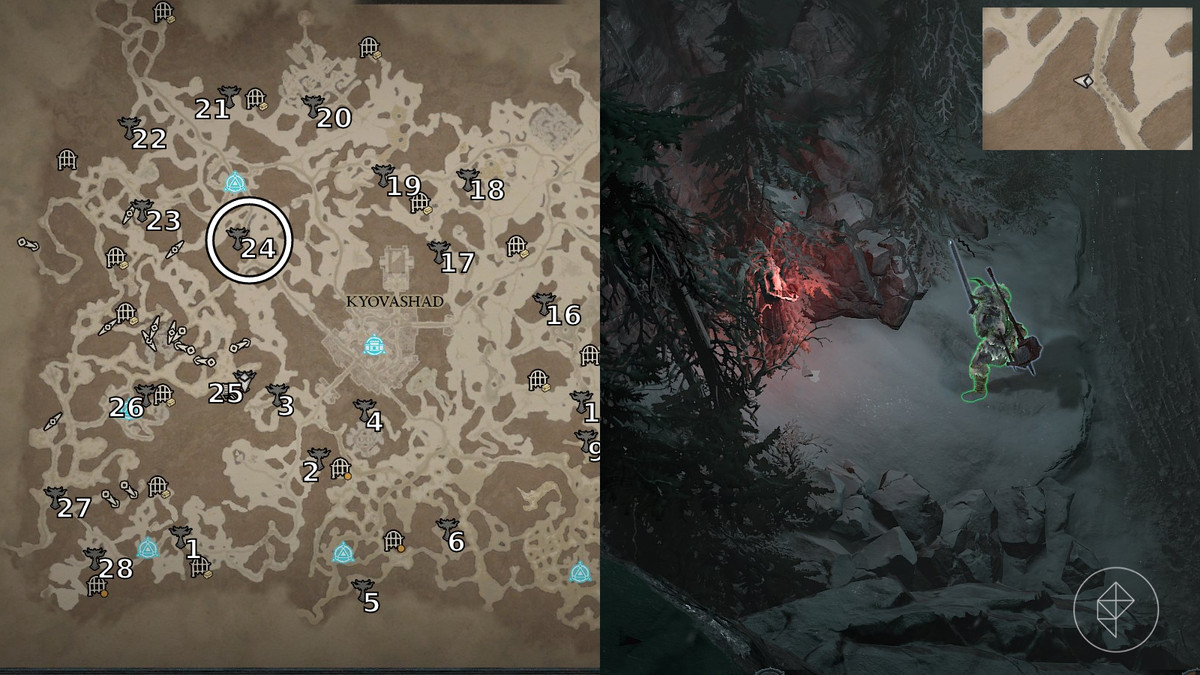 Altar of Lilith 24 found in Western Ways of Diablo 4 / Diablo IV depicted by an annotated map and in game screenshot. Snowy.
