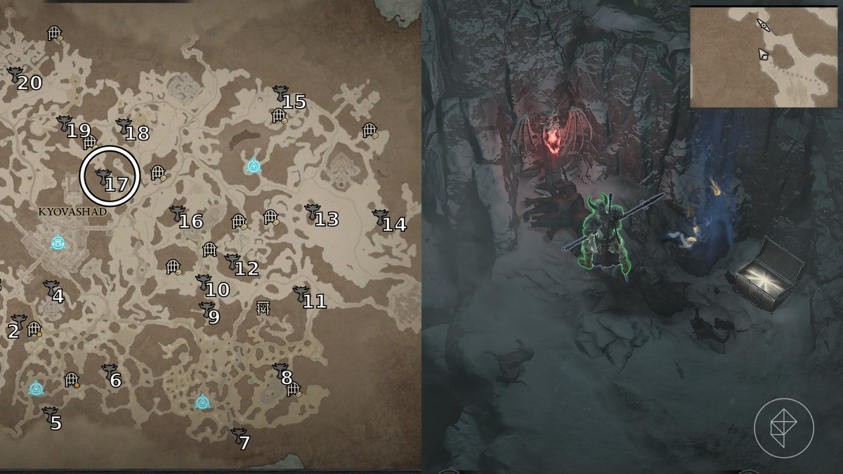 Altar of Lilith 17 found in the Olyam Tundra of Diablo 4 / IV depicted by an annotated map and in game screenshot