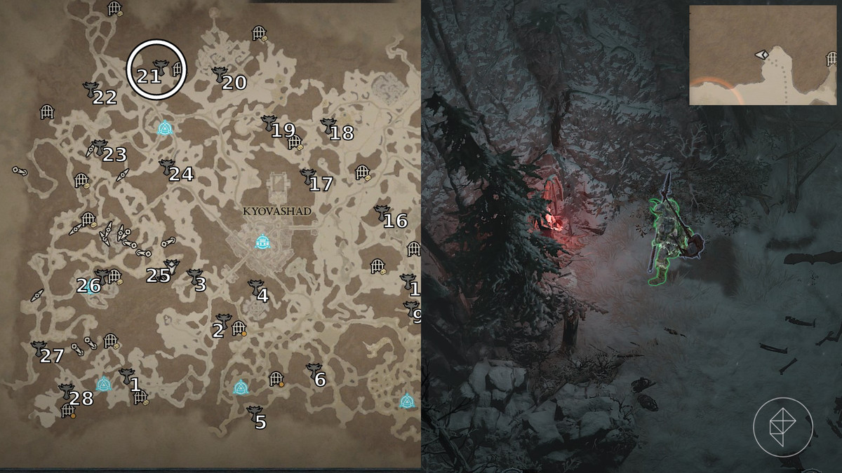 Altar of Lilith 5 found in the Shadow Trail area of Diablo 4 / IV depicted by an annotated map and an in game screenshot of a warrior stood beside a statue and some rock peaks.