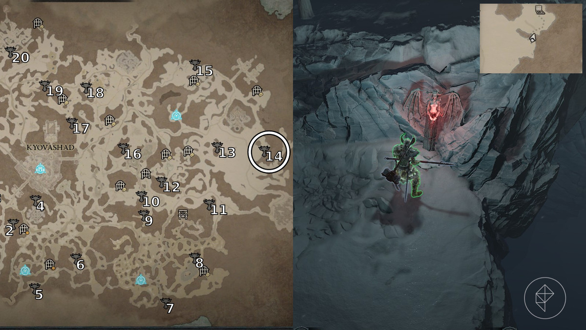 Altar of Lilith 14 found in the Serac Rapture area of the Seat of the Heavens zone in Diablo 4 / IV depicted by an annotated map and an in game screenshot