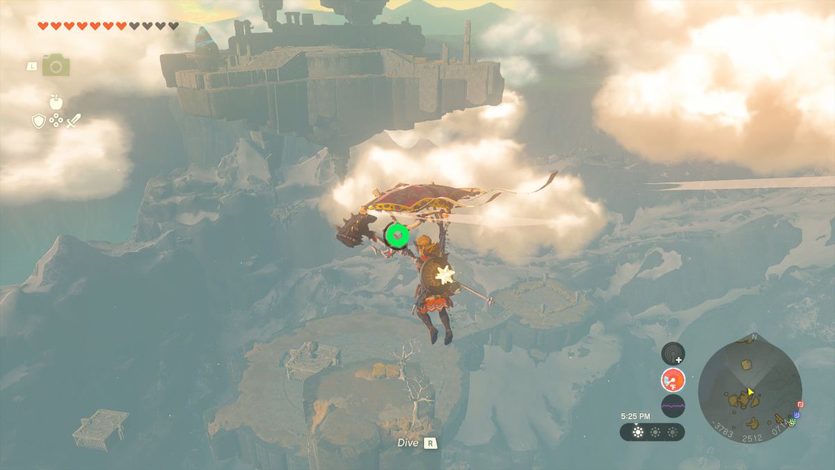 Link uses his paraglider toward the West Hebra Sky Archipelago in Zelda: Tears of the Kingdom