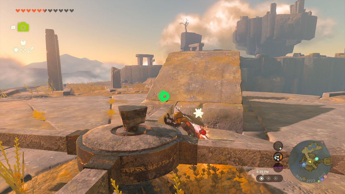 Link pushes a lever mechanism to move the island in Zelda: Tears of the Kingdom
