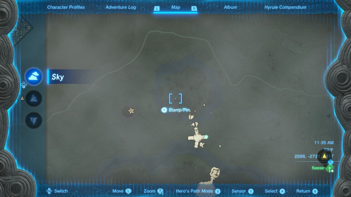 A screenshot of the map location of the stone table #3 in Zelda: Tears of the Kingdom