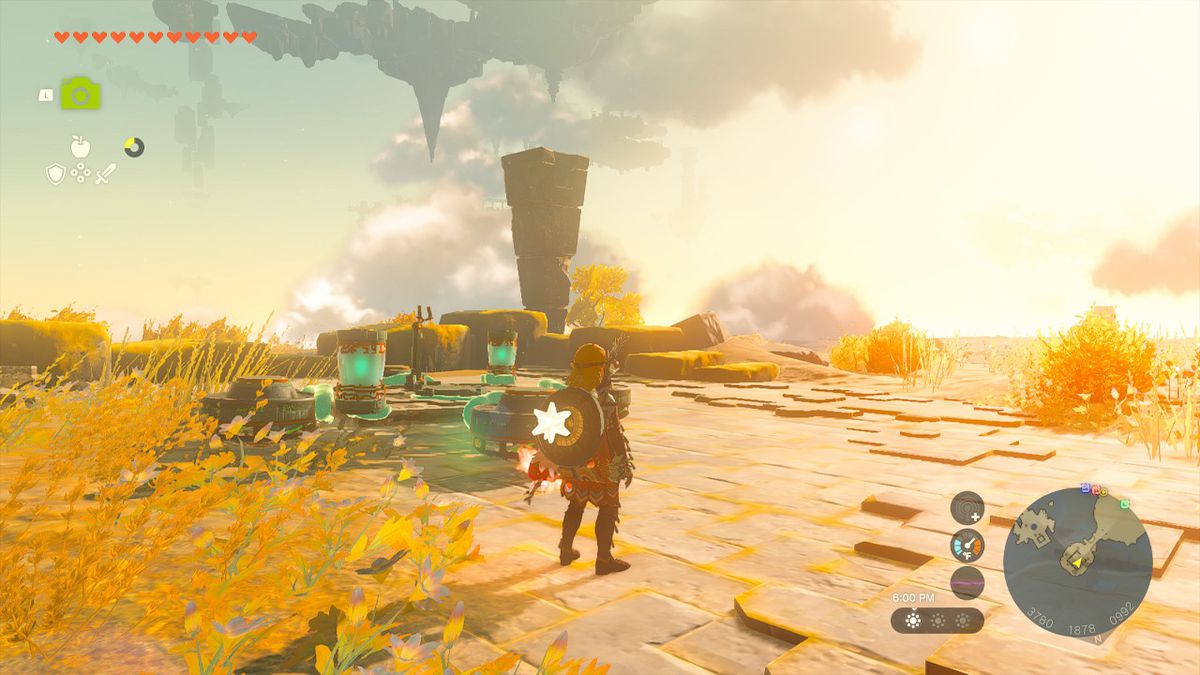 Link stands on an island next to Zonai devices in Zelda: Tears of the Kingdom