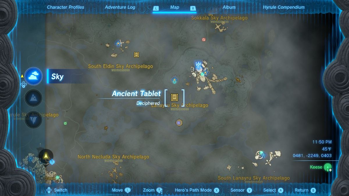 A screenshot of the map location of stone tablet #6 in Zelda: Tears of the Kingdom