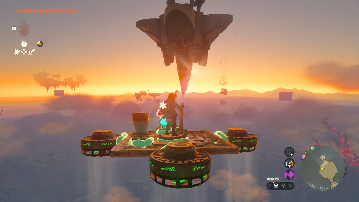Using the vehicle, Link gains elevation toward the star-shaped island in Zelda: Tears of the Kingdom