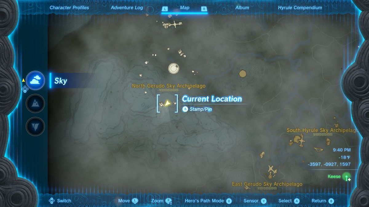A screenshot of the map location of stone tablet #7 in Zelda: Tears of the Kingdom