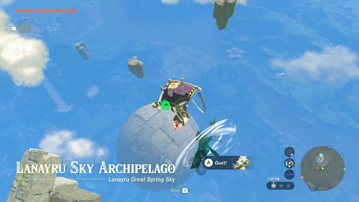 Link paraglides toward the star-shaped island in Zelda: Tears of the Kingdom