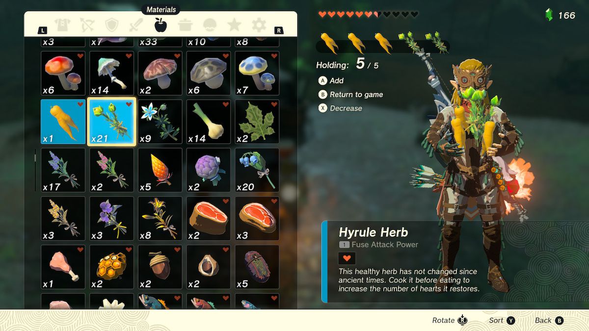 A screenshot of the Materials inventory page showcasing Link carrying three endura carrots and two Hyrule herbs in Zelda: Tears of the Kingdom