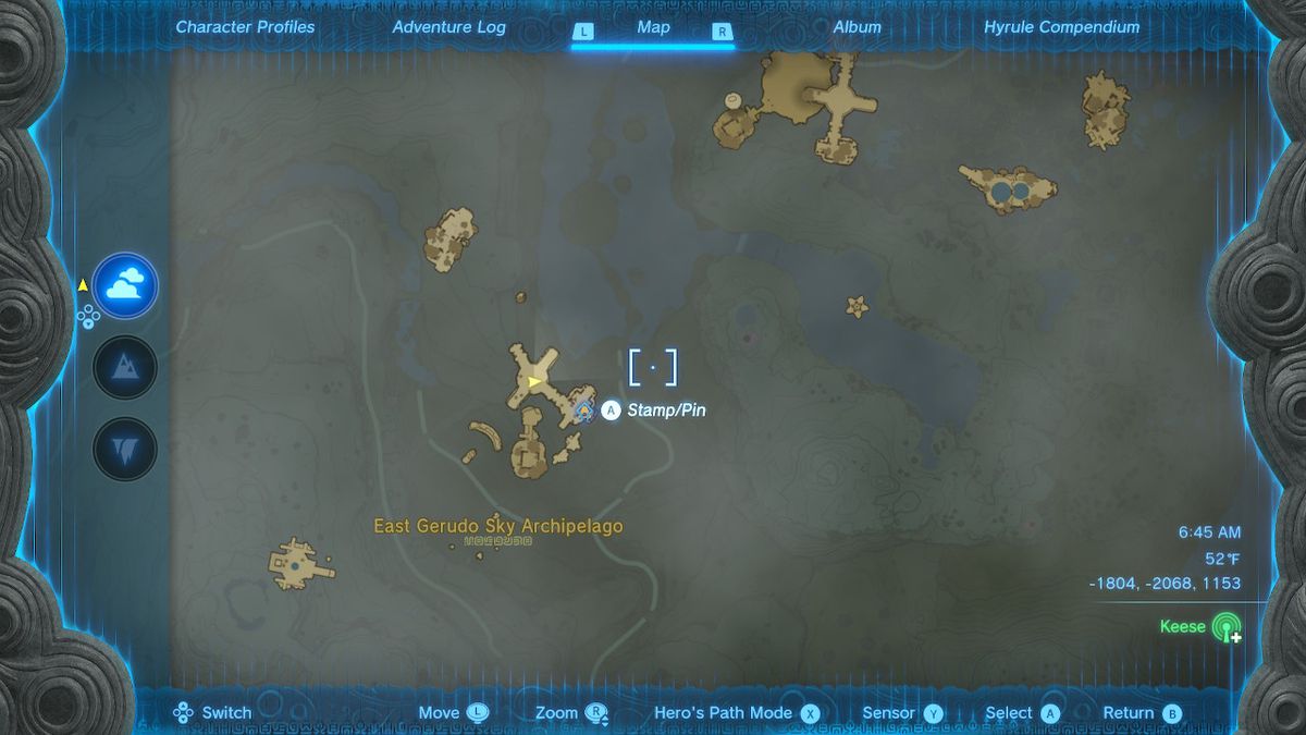 A screenshot of the map location of stone tablet #9 in Zelda: Tears of the Kingdom