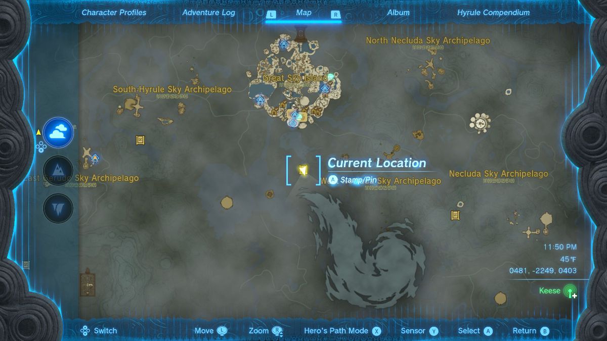 A screenshot of the map location of stone tablet #10 in Zelda: Tears of the Kingdom