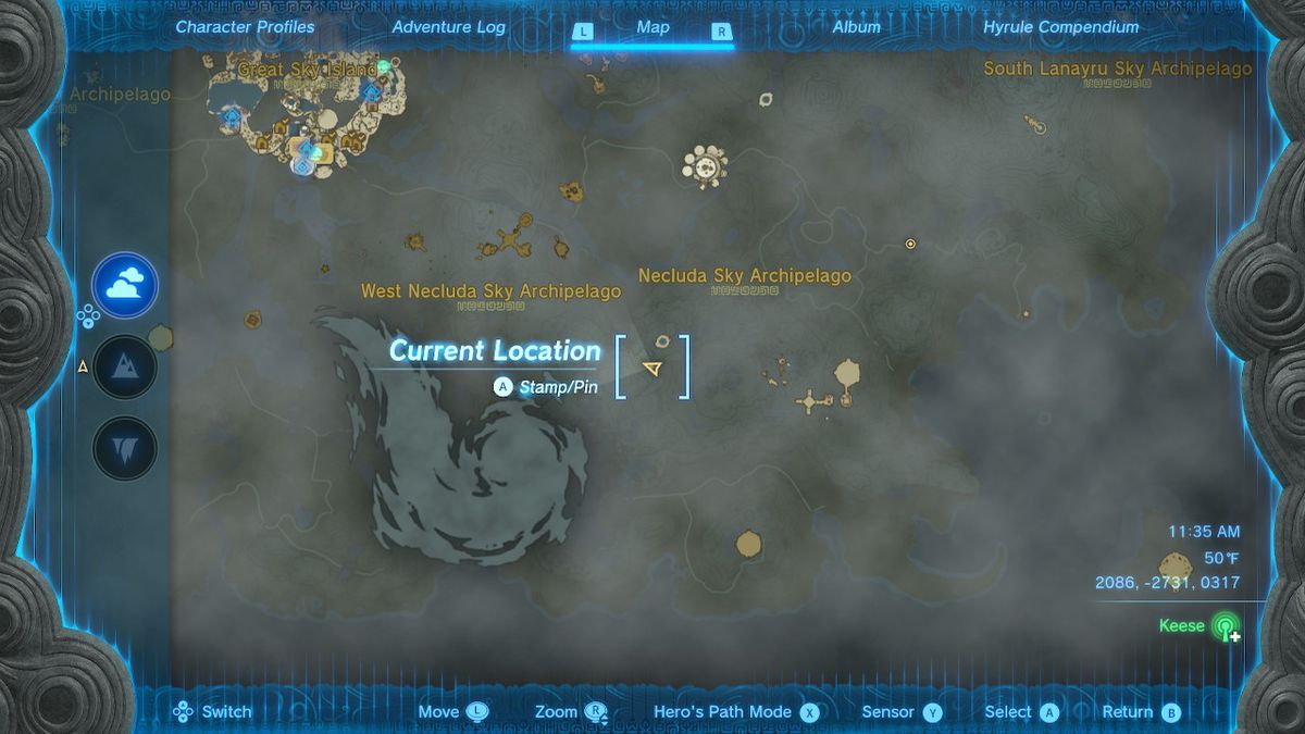 A screenshot of the map location of stone tablet #11 in Zelda: Tears of the Kingdom
