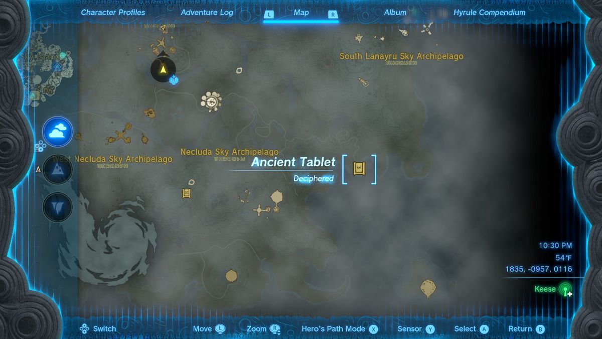 A screenshot of the map location of stone tablet #12 in Zelda: Tears of the Kingdom