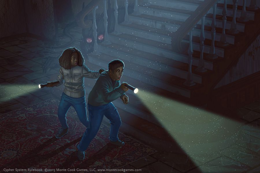 Två svarta barn kryper runt ett gammalt viktorianskt hus med ficklampor.