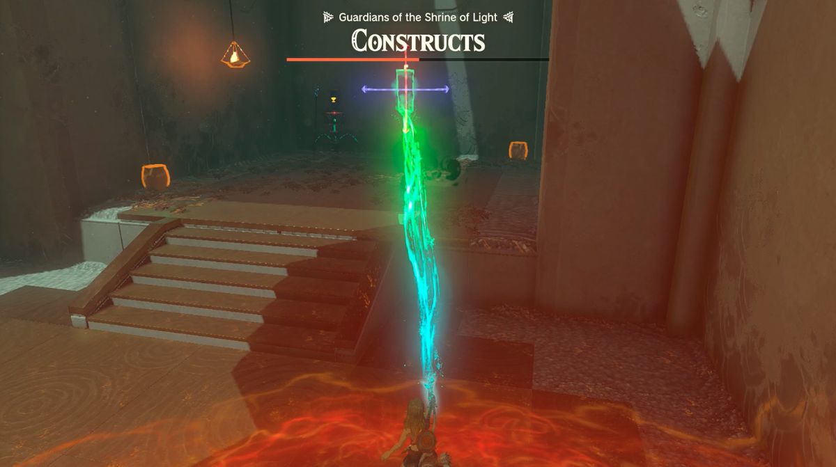 Link släpper en fackla på torra löv i Otak Shrine 'Proving Grounds: Traps'-uppdraget i Zelda: Tears of the Kingdom
