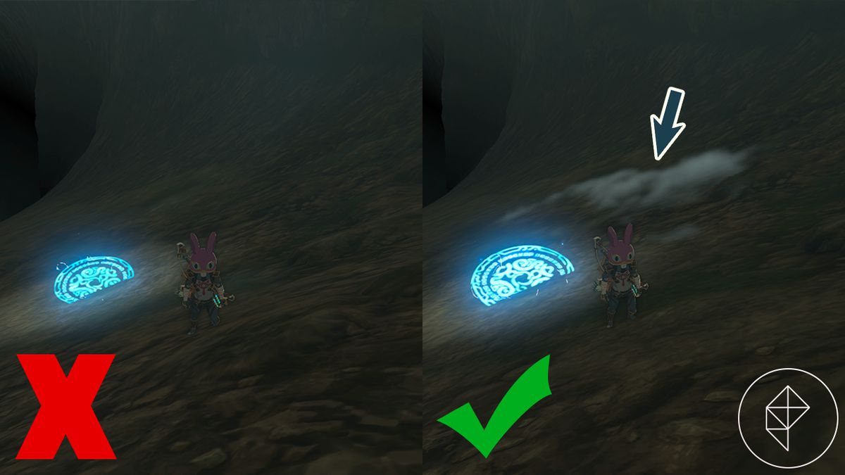 Link står i en mörk grotta med en lila kaninhatt i Tears of the Kingdom.  Den vänstra sidan visar att han står för långt, så det är ingen dimma.  Den högra sidan visar honom stå med dimma runt sig, vilket indikerar att han är tillräckligt långt.