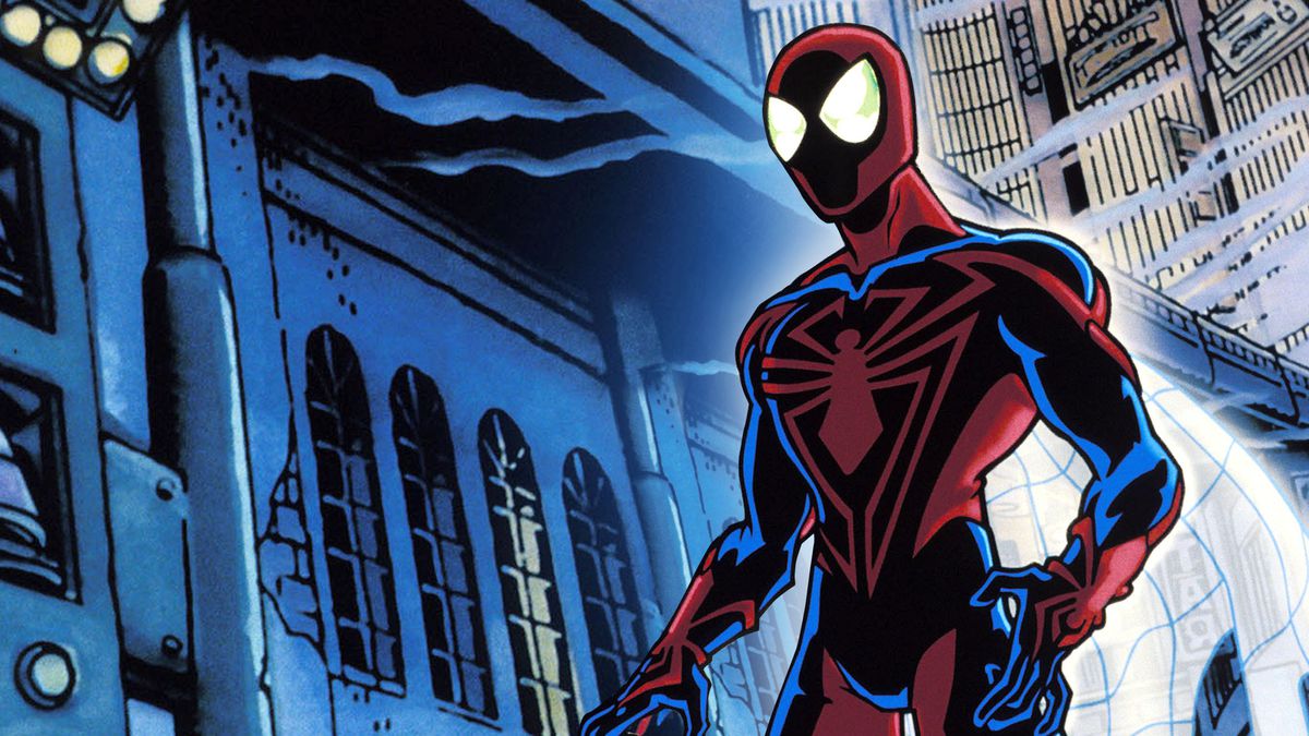 Spider-Man in Spider-Man Unlimited. He wears a rather unique and darker colored outfit than usual, with a tattered half-cape that looks like a spider’s web. 