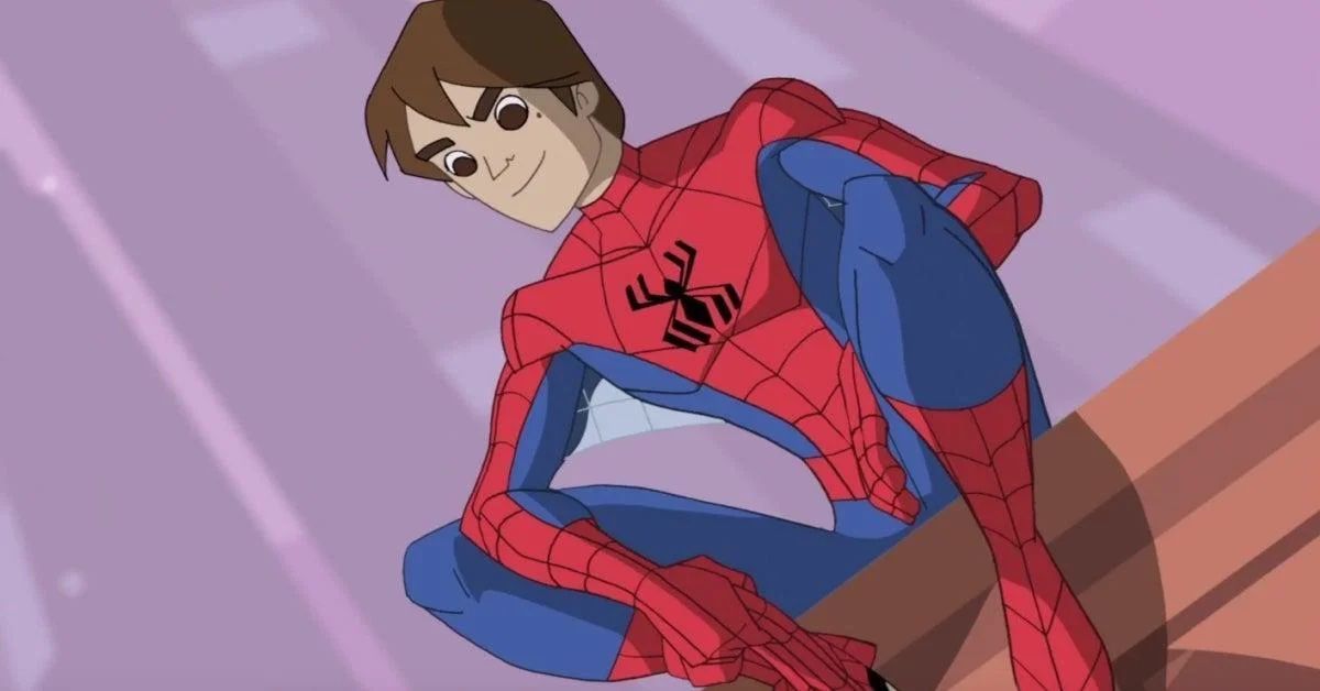 Peter Parker sits on a rooftop with his mask off in the Spectacular Spider-Man cartoon series. 