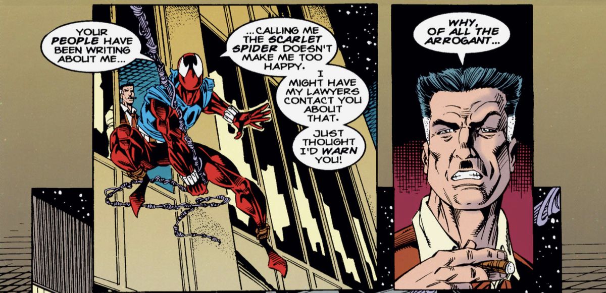 Ben Reilly/The Scarlet Spider swings out of a high rise window, wearing his characteristic sleeveless spider hoodie over an all-red spider suit, as he taunts J.J. Jameson in Spider-Man #54 (1995).