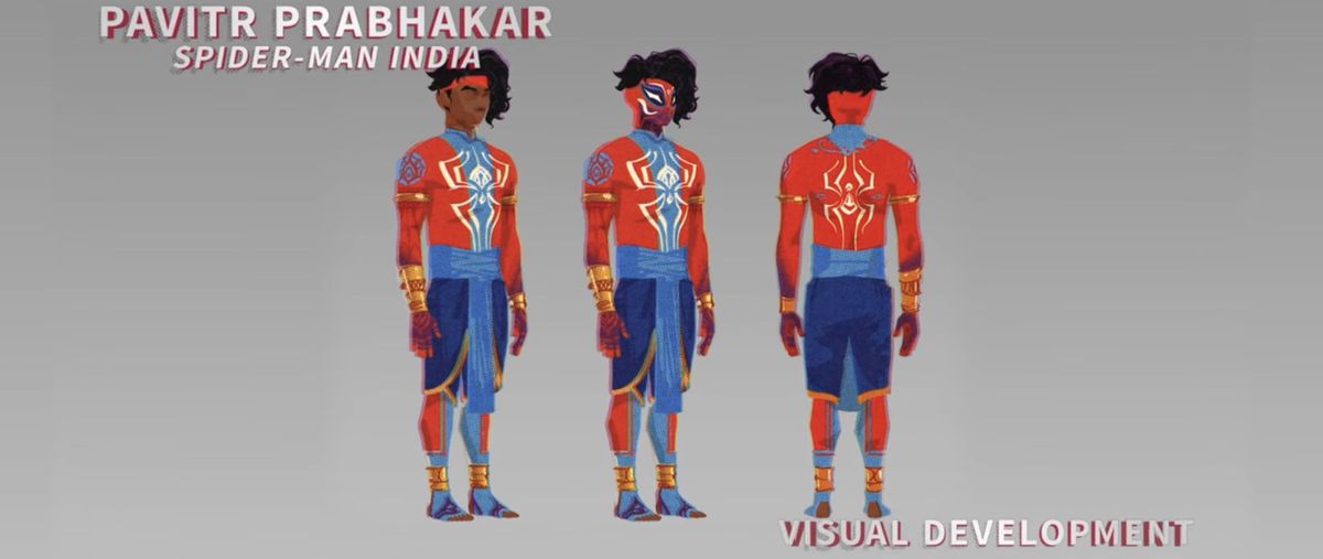 Concept art for “Spider-Man India” aka Pavitr Prabhakar, who wears red and blue long sleeves with a mask that only covers his eyes