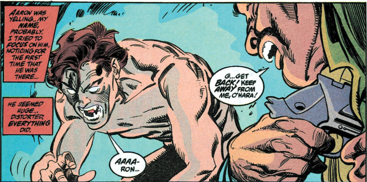 En naken, monstruös Miguel O'Hara med huggtänder och helt vita ögon hukar sig över i en till synes mordisk yr när en man på kanten av panelen i panik drar en pistol från ett axelhölster.  Från Spider-Man 2099 (Vol. 1) #2, Marvel Comics, 1992
