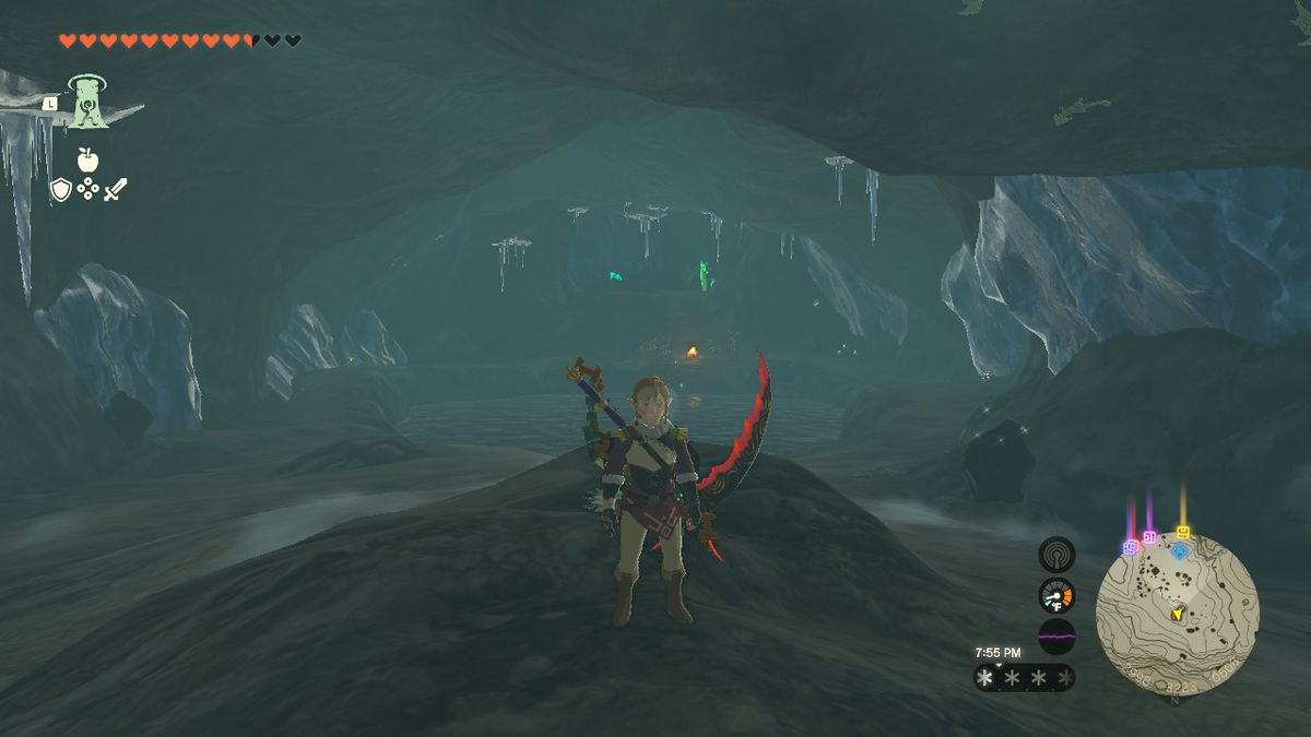 Link står på en liten stenhög som vetter mot insidan av en grotta med en damm i mitten