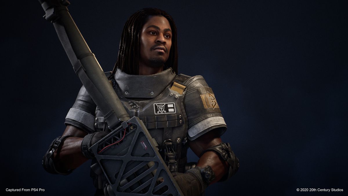 karaktärsbild av Marshawn Lynch med en raketgevär för Predator: Hunting Grounds