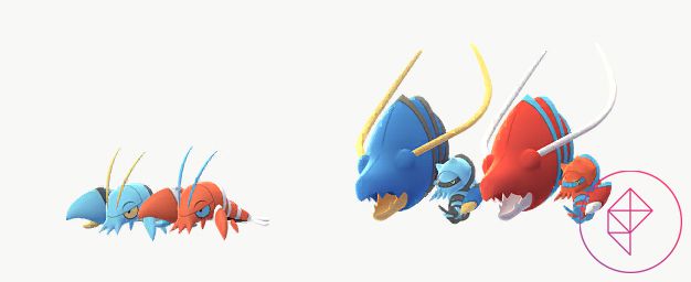 Shiny Clauncher och Clawitzer med sina vanliga former i Pokémon Go.  Båda Shiny-versionerna övergår från blått till rött.