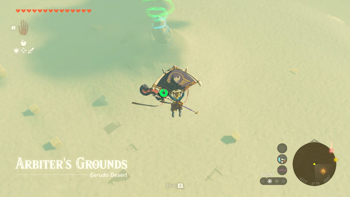 Länk som svävar in i Arbiter's Grounds med sitt segelflygplan i Zelda: TOTK