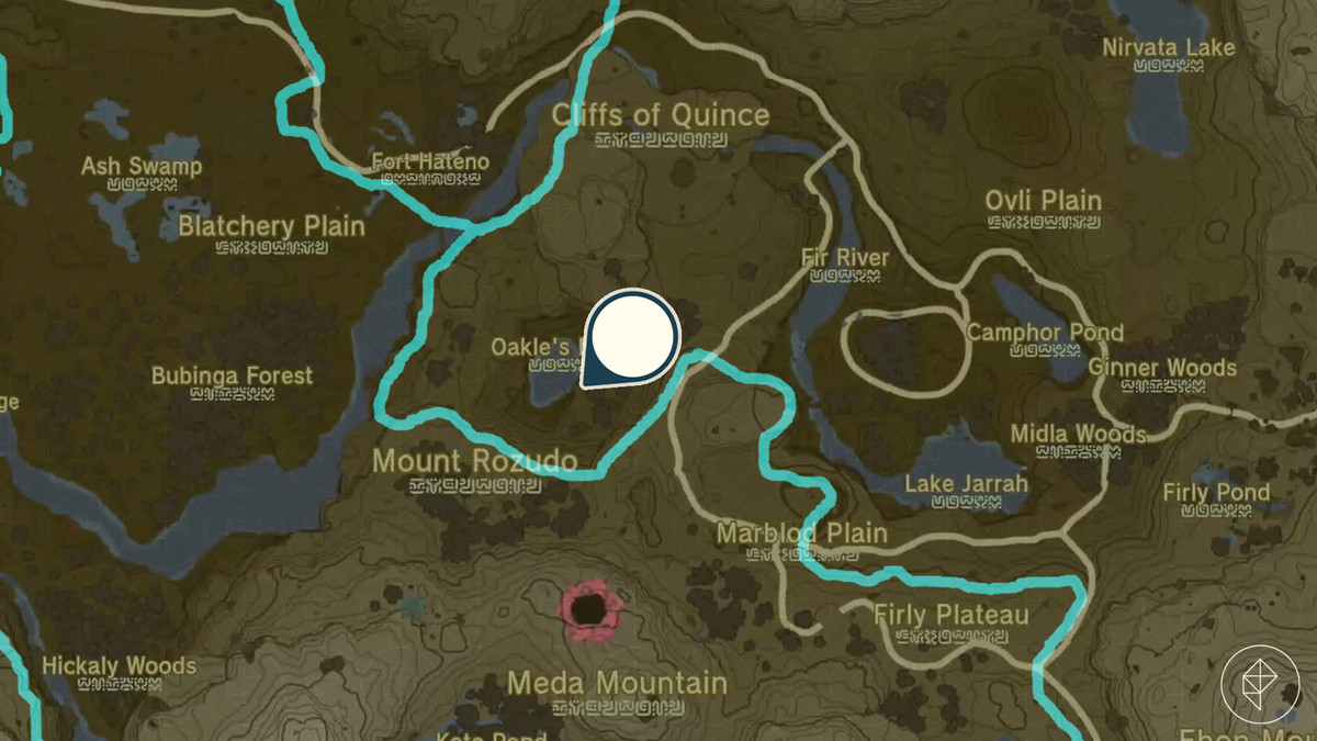 En bild av en karta över en region i The Legend of Zelda: Tears of the Kingdom.  Kartan har en markör som pekar mot en sjö som heter Oakle's Navel. 