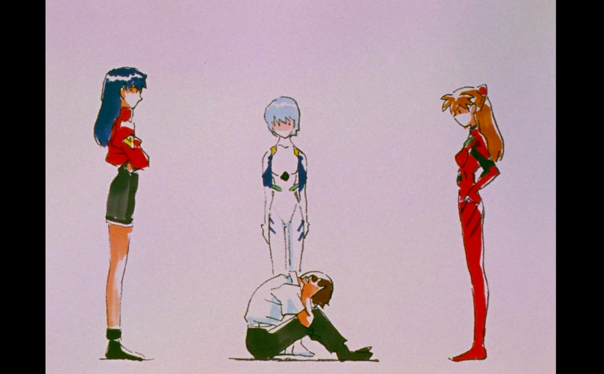 Shinji från Neon Genesis Evangelion är i ångest när andra karaktärer tittar på, med konsten i en mer skissartad stil än seriens vanliga slutgiltiga utseende.