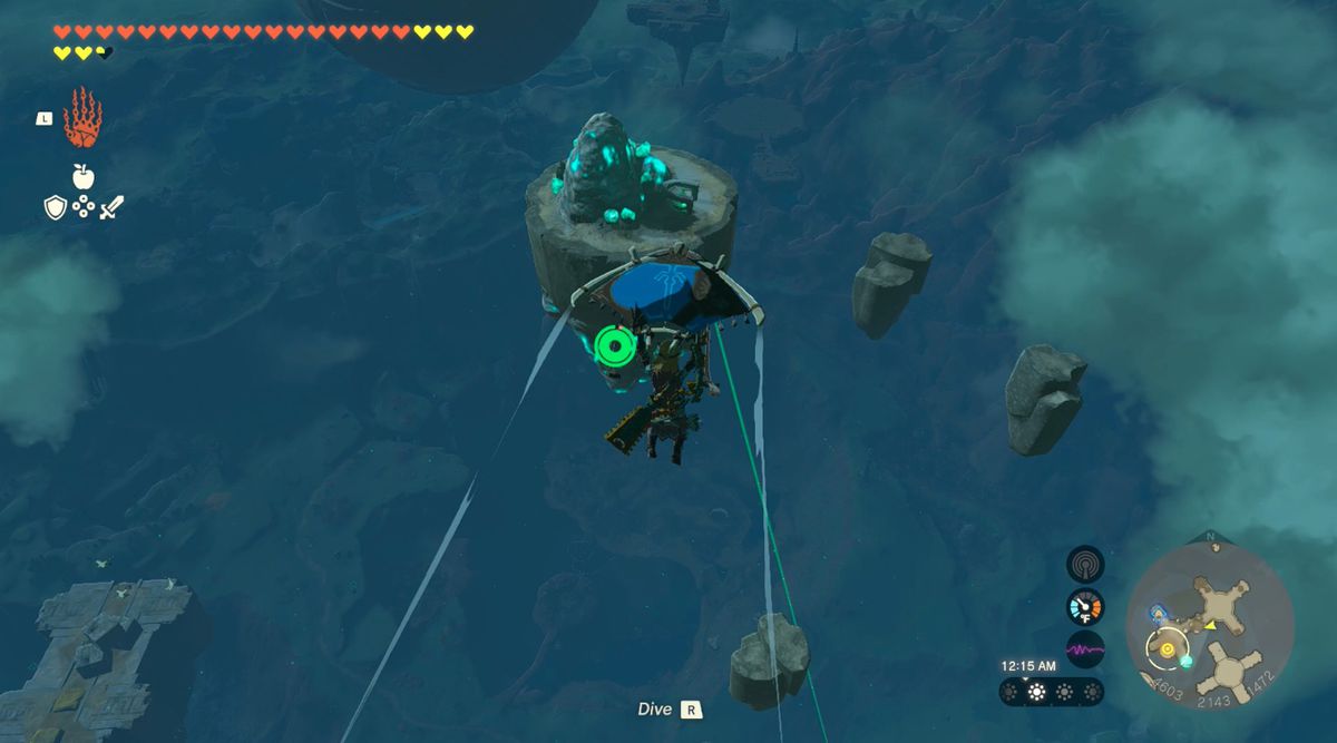 Links faller ner till en lysande stenö i Sky Mines i Zelda: Tears of the Kingdom