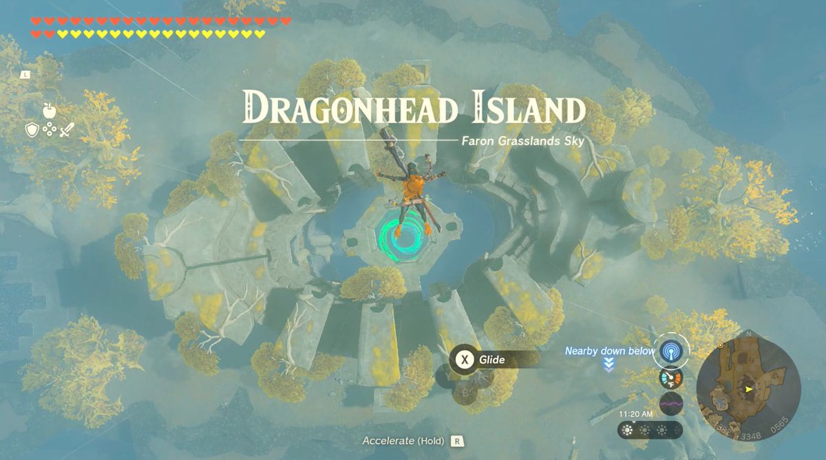 Link hoppar från en avsats på Thunderhead Isles till Dragonhead Island i Zelda: tears of the kingdom