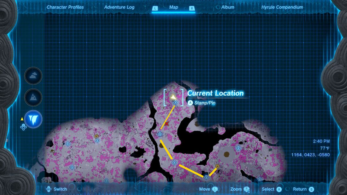 En karta visar vägen till tunikan av himmelrustningen i Depths i Zelda Tears of the Kingdom.